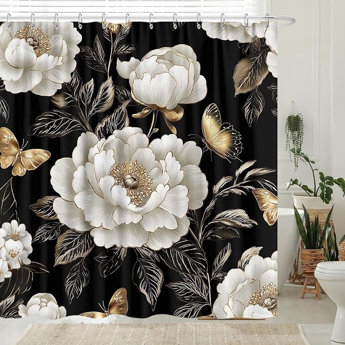 Black and Gold Boho Floral Shower Curtain, Vintage Unique Dark Flowers Botanical Aesthetic Decorative Shower Curtain Set, Pretty Gold Boho Farmhouse Curtains Bathroom Accessories with Hooks 60"x72"