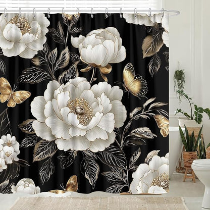 Black and Gold Boho Floral Shower Curtain, Vintage Unique Dark Flowers Botanical Aesthetic Decorative Shower Curtain Set, Pretty Gold Boho Farmhouse Curtains Bathroom Accessories with Hooks 60"x72"