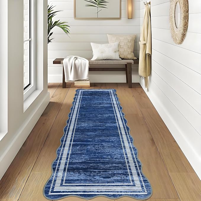 GarveeHome Washable Runner Rug 2x6 for Hallway Scalloped Kitchen Rugs, Non Skid Stain-Resistant Solid Bordered Rug Soft Scalloped Carpet Runners for Entryway Bathroom Laundry Room Bedside (Blue,2x6ft)