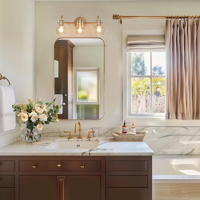 Gold Bathroom Light Fixtures, 22'' Modern Vanity Lights with Clear Glass Globes, 3-Light Bathroom Lighting Over Mirror