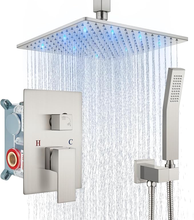 Aolemi Ceiling Shower Faucet Set with Handheld 10" LED Head Brushed Nickel | Handheld Spray,10 Inch Rain LED Head,Shower Valve and Trim Kit,All Metal,Ceiling System,Bathroom Mixer