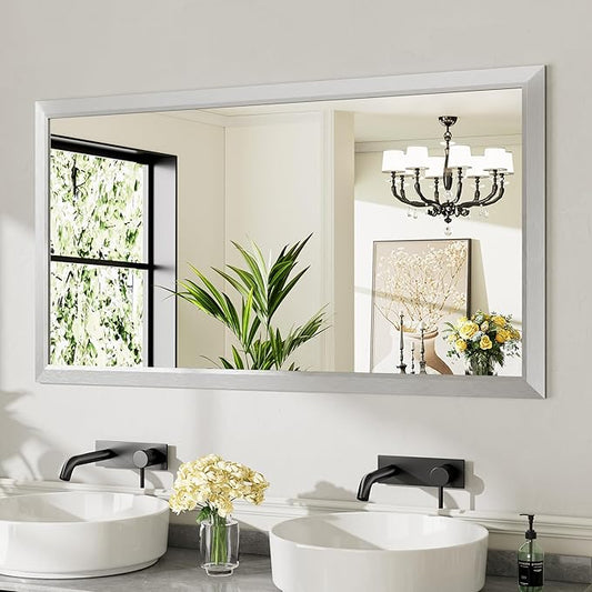 55x30 Inch Brushed Silver Bathroom Mirror for Wall, Thick Metal Framed Rectangle Mirrors for Over Sink, Bedroom, Living Room, Entryway, Anti-Rust, HD Tempered Glass