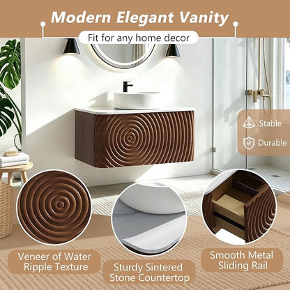 72" Floating Bathroom Vanity with Double Sink, Mid-Century Wall Mounted Bathroom Vanity Cabinet with Wood Waved Decor, Ceramic Vessel Basin, Sintered Stone Top, Soft Close Drawer, Side Open Cube