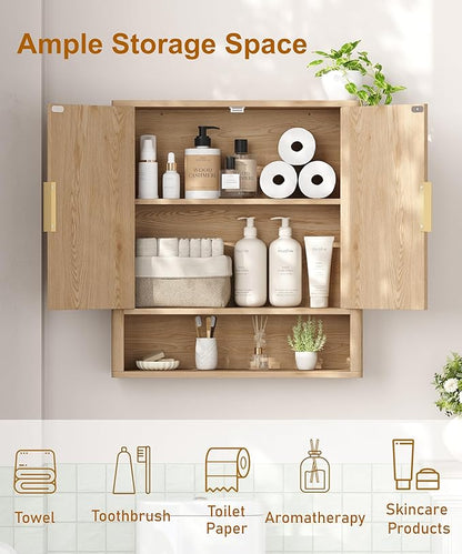 27.6" H Natural Bathroom Wall Cabinet with 2 Fluted Doors, Modern Medicine Cabinet with Adjustable Shelf, Curved Profile Wall Mounted Bathroom Cabinet for Kitchen, Living Room, Oak