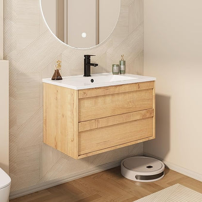 eclife 30" Floating Bathroom Vanity Sink Combo, Wall Mounted Modern Minimalist Storage Cabinet with 2 Drawers, Include Sink, Faucet & Drain, Natural