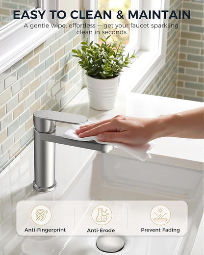 FORIOUS Bathroom Faucet 1 Hole, Single Handle Vanity Faucet Brushed Nickel | Bathroom Sink Faucet with Deck Plate, Fits 1 Hole and 4-Inch 3 Hole Install, for RV Vanity Lavatory Restroom Camper