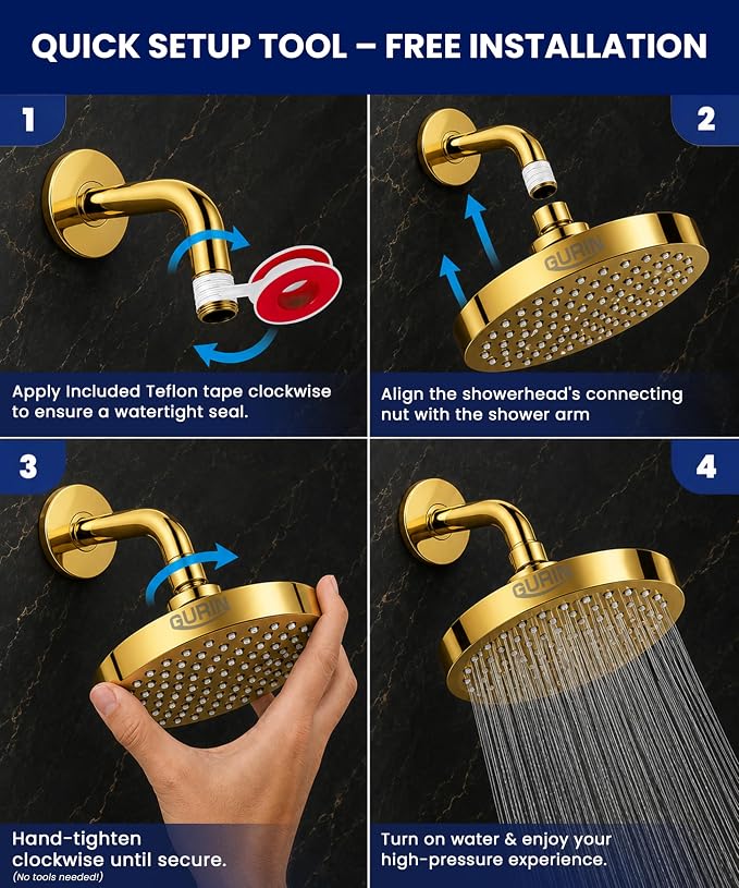 GURIN Shower Head - Luxury Gold Plated Finish - Rain Showerhead 6 Inch | High Pressure Shower Heads with Adjustable Angles, 90 Anti-Clog Nozzles, Tool-Free 1-Min Install