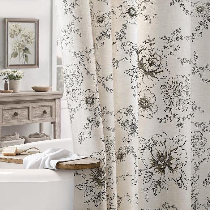 Farmhouse Floral Cotton Shower Curtain, Vintage Black Pattern Rustic Shower Curtains for Bathroom, 72x72
