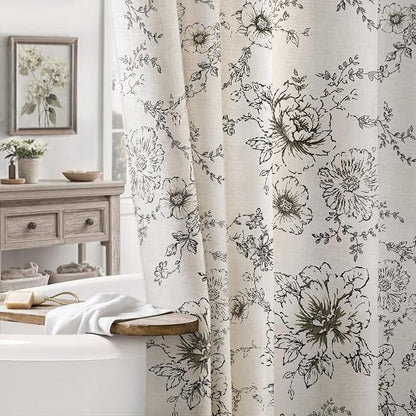 Farmhouse Floral Cotton Shower Curtain, Vintage Black Pattern Rustic Shower Curtains for Bathroom, 72x72