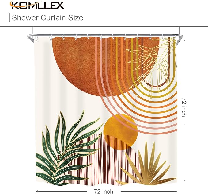 Mid Century Orange Boho Abstract Modern S Bathroom Shower Curtain Set | 72Wx72L Plant Botanical design, waterproof HD print with fast-drying fabric and 12 hooks.
