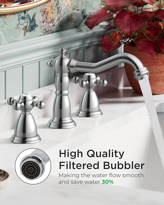 FORIOUS Bathroom Faucets for 3 Hole Sink Polished Chrome, 2-Handle 8 Inch Widespread Antique Vintage Bathroom Sink Faucet for Vanity RV Farmhouse with Metal Pop Up Drain and Supply Lines
