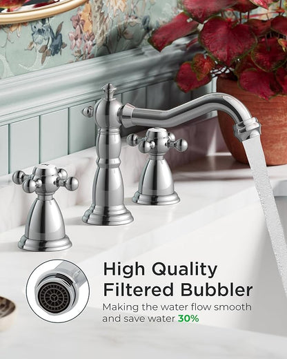 FORIOUS Bathroom Faucets for 3 Hole Sink Polished Chrome, 2-Handle 8 Inch Widespread Antique Vintage Bathroom Sink Faucet for Vanity RV Farmhouse with Metal Pop Up Drain and Supply Lines