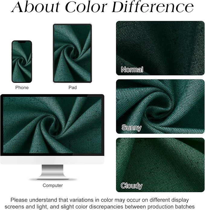 Dark Green Linen Shower Curtain, Country Boho Farmhouse Bath Decor Shower Curtains Neutral Cloth Weighted Textured Fabric Bath Curtain Liner with Hooks, 72x72