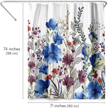 Americanflat 71x74 Floral Shower Curtain - Water-Resistant Long Shower Curtain with Metal Grommets and 12 Hooks - 100% Polyester - Botanical Bathroom Curtains - Blue, Purple, Crimson, Green and White