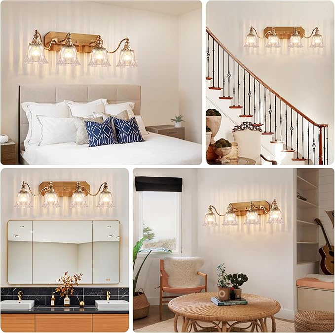 Gold Vintage Bathroom Light Fixtures, 4-Lights Bathroom Vanity Light, Antique Brushed Gold Lighting Fixtures Over Mirror with Crystal Glass Shade, Wall Sconce Lighting
