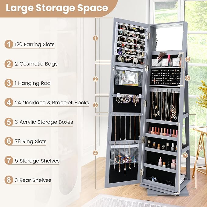 GOFLAME 360° Rotating Jewelry Armoire, Lockable Jewelry Cabinet with Full-Length Mirror & Inner Makeup Mirror, Standing Jewelry Storage Organizer with Rear Storage Shelves, Gray