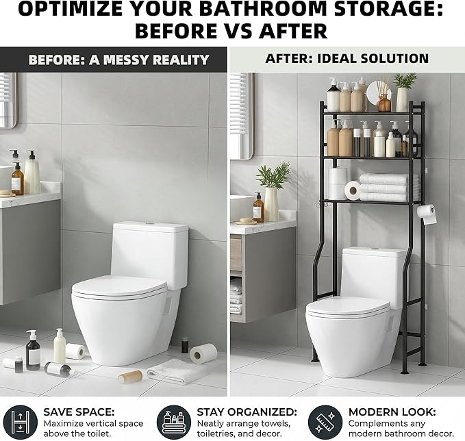 3-Tier Over Toilet Storage with Anti-Tilt Safety System - 150lb Total Capacity Metal Bathroom Shelves Including Paper Holder & 4 Hooks, Space Saving Above Commode Organizer (64" H, Black)
