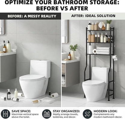 3-Tier Over Toilet Storage with Anti-Tilt Safety System - 150lb Total Capacity Metal Bathroom Shelves Including Paper Holder & 4 Hooks, Space Saving Above Commode Organizer (64" H, Black)