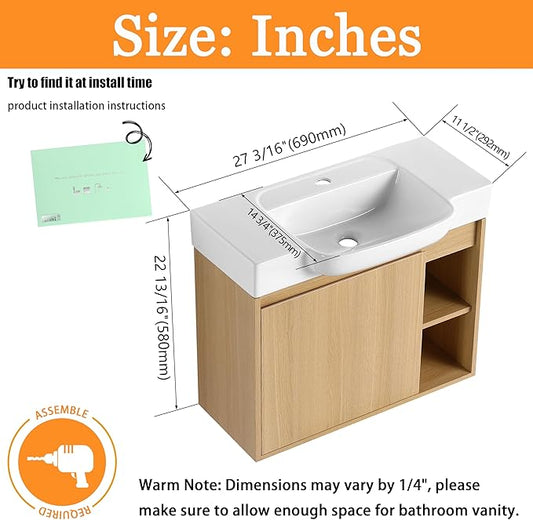 28" Wall-Mounted Bathroom Vanity with Ceramic Sink, 28 inch Floating Single Sink Vanity Cabinet Modern Brown 1-Door Design with Storage Shelf (Space-Saving for Small Bathrooms), Light-Oak
