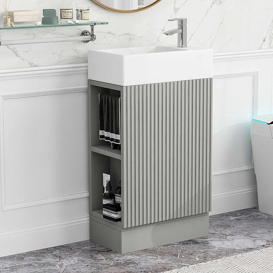 Merax Bathroom Vanity with Sink 18.6 Inch, Cabinet with Storage Shelf & Toilet Paper Holder, Left or Right Available,