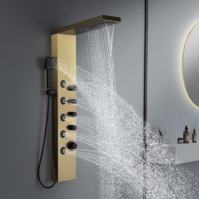 ROVATE 4-in-1 Rainfall Waterfall Shower Panel Tower System, Brushed Gold | Shower Column with Body Massage Jets and Handheld, Stainless Steel High Pressure, Use Multiple Functions Simultaneously