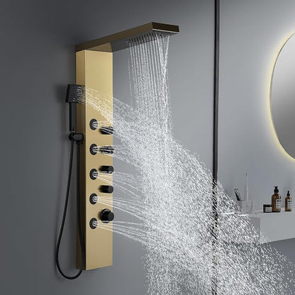 ROVATE 4-in-1 Rainfall Waterfall Shower Panel Tower System, Brushed Gold | Shower Column with Body Massage Jets and Handheld, Stainless Steel High Pressure, Use Multiple Functions Simultaneously