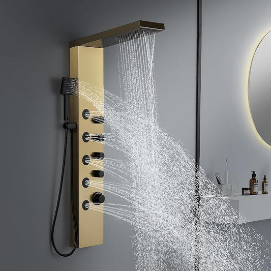 ROVATE 4-in-1 Rainfall Waterfall Shower Panel Tower System, Brushed Gold | Shower Column with Body Massage Jets and Handheld, Stainless Steel High Pressure, Use Multiple Functions Simultaneously