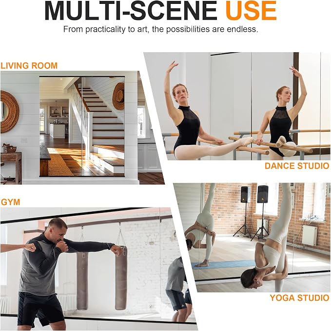 Large Full Body Mirror for Yoga, Frameless Wall-Mounted Glass Panel (60"x25"-Black) 2PCS for Home, Garage, Bedroom & Bathroom