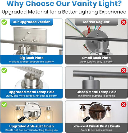 Ascher 3 Light Bathroom Light Fixture, Brushed Nickel Bathroom Lighting Fixtures Over Mirror, Vanity Light with Clear Glass Shade, Wall Sconce for Living Room Bedroom Cabinet, E26 Base