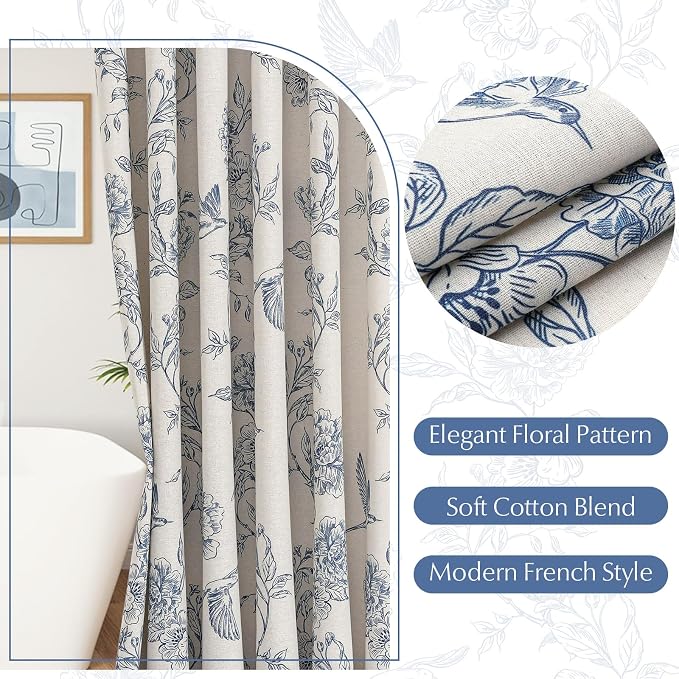 MitoVilla Small Stall Blue Cotton Shower Curtain for Bathroom,36 x 72 | Narrow Half Cottagecore Hummingbird Spring Shower Curtains, Modern Farmhouse Country Floral Bathroom Décor, 36 x 72