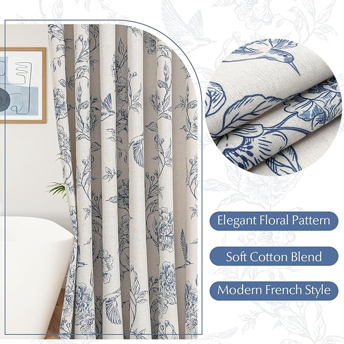 MitoVilla Extra Long Blue Cotton Shower Curtain for Bathroom,72 x 84 | Extra Long BoHo Cottagecore Hummingbird Spring Shower Curtains, Modern Farmhouse Country Floral Bathroom Décor, 72 x 84