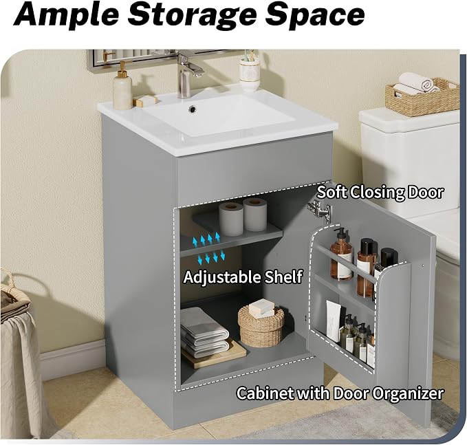 Christopher Knight Home Vanes Wood Frame 20" Bathroom Vanity with Ceramic Sink, Cabinet with Soft-Closing Door Shelf and Adjustable Shelf, Open Back, Metal Hardware, Storage/Organizer, Gray