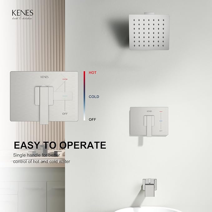 KENES Shower Set with Tub Faucet, Brushed Nickel Tub and Shower Trim Kit | Shower Faucet with 6-Inch Rain Shower Head, Square Shower System, Valve Included, Lead-Free cUPC & NSF Certified, Stainless
