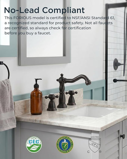 FORIOUS Bathroom Faucet 3 Hole Vintage 8" Widespread Sink Oil Rubbed Bronze | 6-12 inch 3-hole Install, 2 Cross Handle Antique Bathroom Sink Faucet for Vanity RV Farmhouse with Drain and Supply Lines