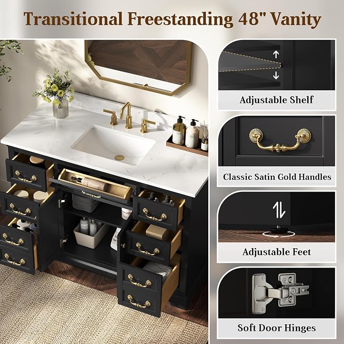 48 Inch Classic Black Bathroom Vanity with Sink, Solid Wood | Pre Assembled, Freestanding Storage Cabinet, Single Ceramic Sink, Engineered Stone Top, Soft Closing Doors, Dovetail Drawers