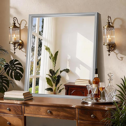 CIRCUMI 30"x36" Silver Mirror with Chunky Box Metal Frame, Brushed Finish Rectangular Bathroom Mirrors for Over Sink, Living Room, Entryway, Tempered Glass Mirror for Wall, Vertical or Horizontal
