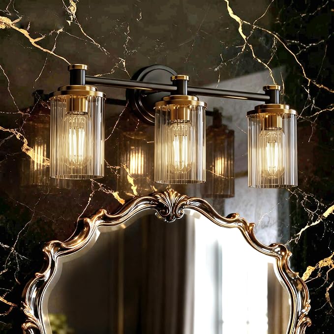 Bathroom Lighting Fixtures Black and Brass Bathroom Vanity Light with Cylindrical Clear Stripes Glass Lampshade E26 Socket Base Bathroom Lighting Fixtures Over Mirror (3 Lights)