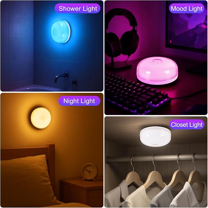 4-Pack Waterproof Shower Light No Wiring, Rechargeable Shower Lamp, White | 15 RGBW Color Mood Lighting with Remote Dimmable&Timer, LED Wireless Magnetic Ceiling/Wall Light for Bathroom Bathtub Closet
