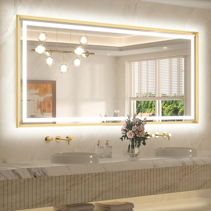 72 x 36 Large Bathroom Mirror Brushed Gold Metal Frame Frontlit & Backlit Vanity Mirror 3 Colors White/Warm/Natural Stepless Dimmable Anti-Fog Bathroom Mirrors for Vanity Wall-Mounted
