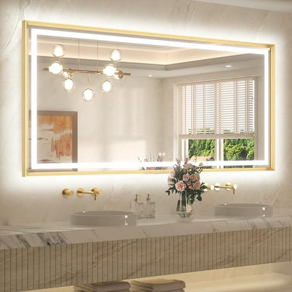 72 x 36 Large Bathroom Mirror Brushed Gold Metal Frame Frontlit & Backlit Vanity Mirror 3 Colors White/Warm/Natural Stepless Dimmable Anti-Fog Bathroom Mirrors for Vanity Wall-Mounted