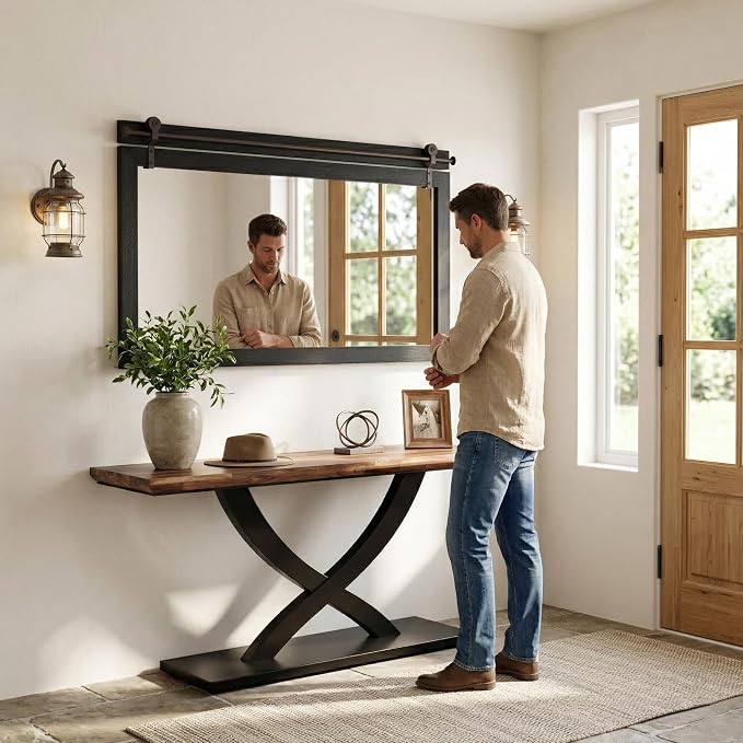 27"x49" Black Wood Grain Barn Door Wall Mirror with Wood Header | 100% solid wood, HD tempered glass, bronze-tone iron rail; large farmhouse wall mirror for double vanity, mantel, entryway