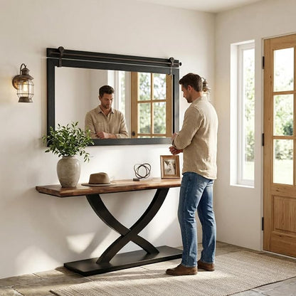 27"x49" Black Wood Grain Barn Door Wall Mirror with Wood Header | 100% solid wood, HD tempered glass, bronze-tone iron rail; large farmhouse wall mirror for double vanity, mantel, entryway