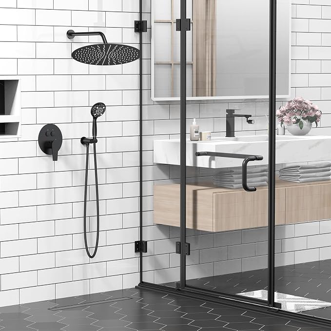 SR SUN RISE 12" Matte Black Rain Shower Faucet Set with Valve & Handheld | Dual-function High Pressure Shower System, 6-Setting Handheld, Pressure-balanced Valve Anti-Scald, Push-button Diverter