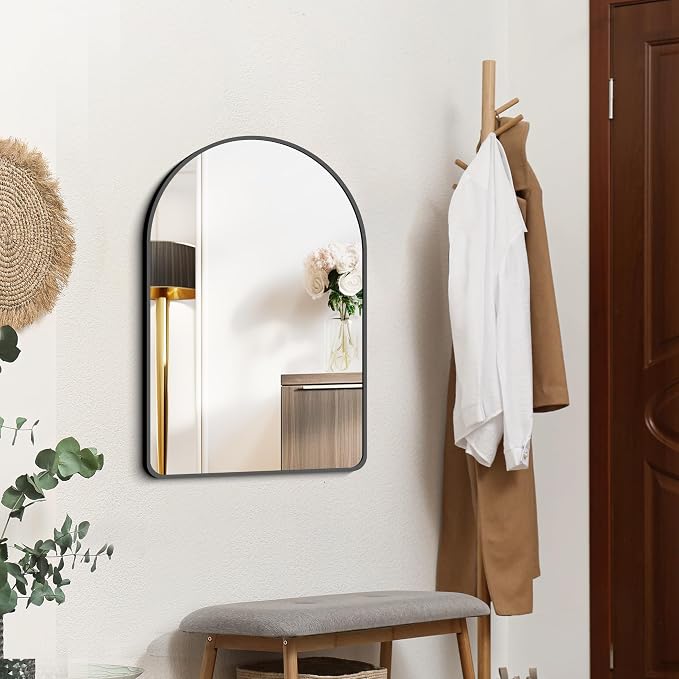 FORBATH Arched Bathroom Mirror 20x28 Inch, Bathroom Mirror Wall Mounted Modern Black Aluminum Alloy Frame Decor Dresser Mirror for Bedroom Living Room Entryway, Hanging or Leaning Against Wall
