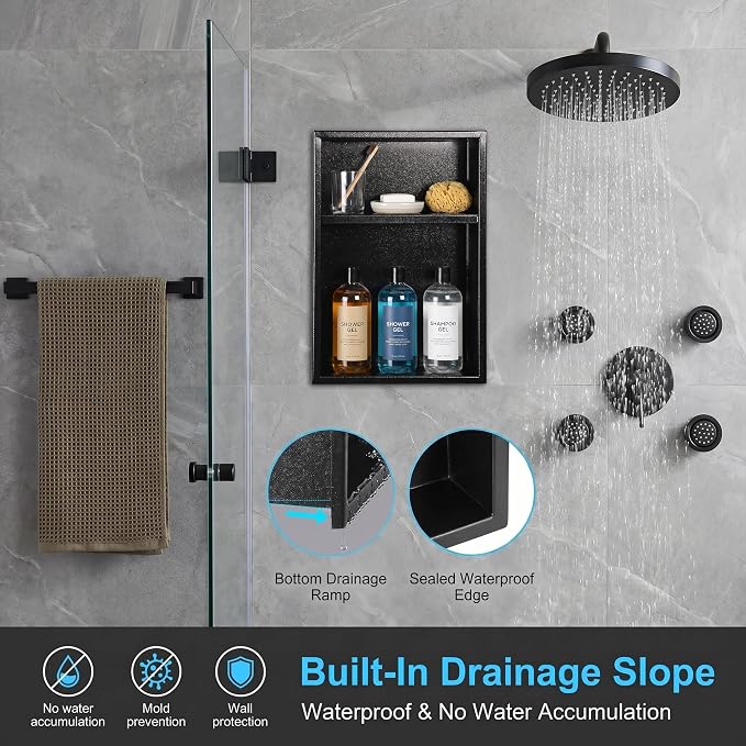 304 Stainless Steel Shower Niche 12” x 18” for Bathroom Storage | Matte Black Recessed Shower Niche No Tile Needed with 2-Tier Shelves for Bathroom Space Saving