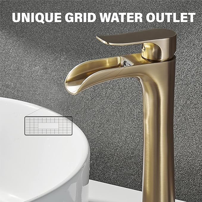 Vessel Sink Faucet,Brushed Gold Bathroom Faucet,Yundoom,Single Hole Bathroom Sink Faucet,Tall Bathroom Faucet Single Handle,Bathroom Bowl Sink Faucet,Waterfall Bathroom Faucet,Bathroom Tall Faucet.