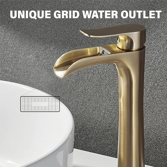Vessel Sink Faucet,Brushed Gold Bathroom Faucet,Yundoom,Single Hole Bathroom Sink Faucet,Tall Bathroom Faucet Single Handle,Bathroom Bowl Sink Faucet,Waterfall Bathroom Faucet,Bathroom Tall Faucet.
