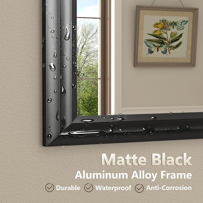 26x36 Inch Black Metal Framed Bathroom Mirror for Wall | Thick Frame Rectangle Vanity Mirror, Matte Black Curved Mirror for Over Sink, Anti-Rust, Shatterproof (Horizontal/Vertical)