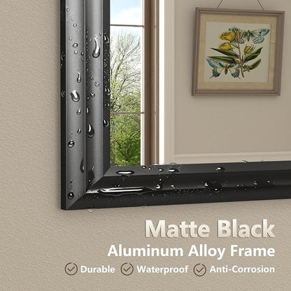 28x32 Inch Black Matte Bathroom Mirror for Wall | Metal Thick Curved Framed, Rectangle Vanity Mirror, Anti-Rust, Shatterproof, Right Angle, Hangs Horizontally or Vertically