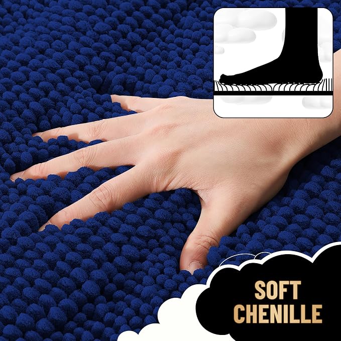 OLANLY Thick Bathroom Runner Rugs 47x20, Soft Chenille Long Bath Rugs, Navy | Absorbent Striped, Rubber Backing, Machine Wash, Bath Mats for Bathroom Floor, Tub and Shower, Home Decor Accessories